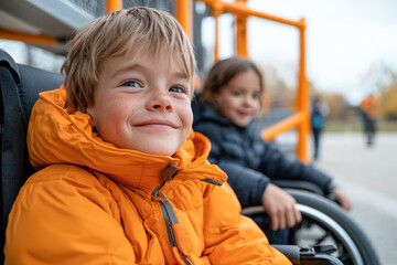 Portrait of a smiling boy in a wheelchair wearing an orange jacket, representing inclusion and friendship with another child in the background.