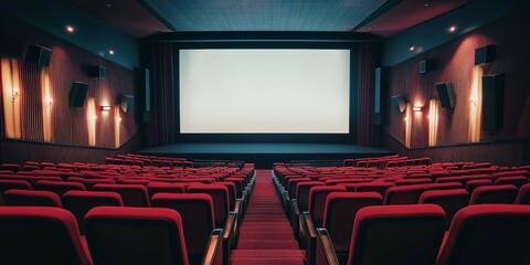 Fototapeta premium Movie Theater With Blank Screen And Red Seats