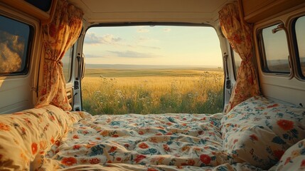 A cozy van interior with floral bedding offers a stunning view of a scenic landscape, inviting relaxation and adventure, perfectly capturing wanderlust and freedom.