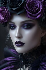 Fototapeta premium Close-up of a woman with dramatic purple makeup and rose headpiece.