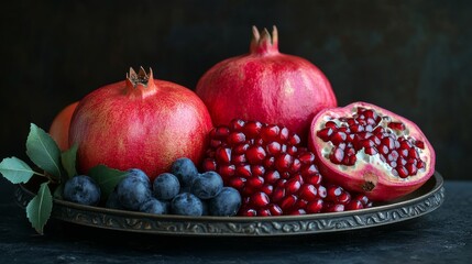 A beautifully arranged platter featuring ripe, lush pomegranates alongside fresh blueberries and scattered leaves, embodying the richness of natural abundance.