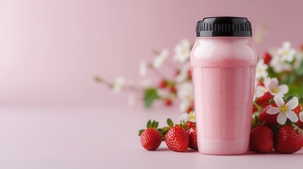 Delicious strawberry protein shake in a pink shaker bottle with fresh strawberries and flowers on soft pink surface. sports protein shake for athletes