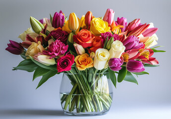 A vibrant bouquet of flowers in full bloom, with a mix of colorful roses, tulips, and lilies arranged in a modern glass vase. 