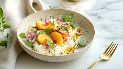 Burrata with roasted peaches and edible flowers. A summery appetizer or light dessert.
