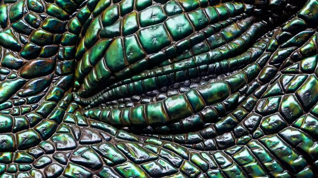Fiery dragon eye with shimmering green scales. Close-up of reptilian iris and pupil. Mysterious and intense gaze of mythical creature. Fantasy and nature fusion