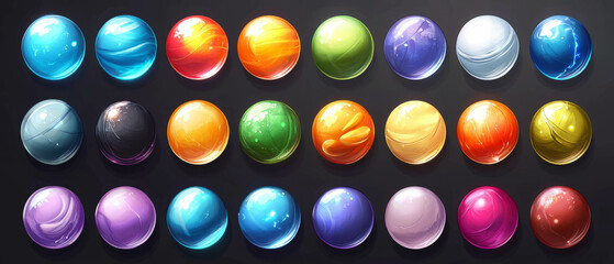Fototapeta premium Bouncing balls in vibrant colors with shiny surfaces in a playful game art style