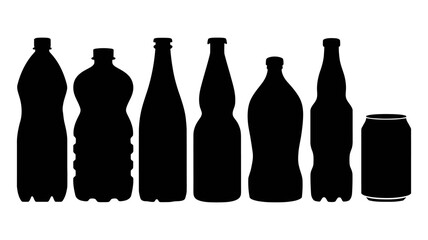 Silhouette Collection of Bottles and Cans Vector Illustration - Black and White Beverage Container Design