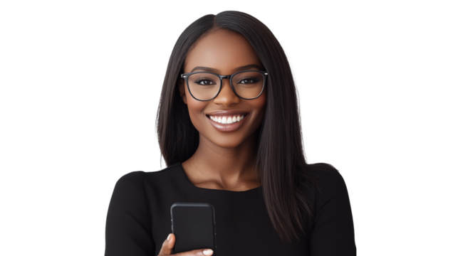 Woman wearing glasses holding mobile phone, smiling, isolated on transparent background