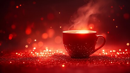 A hot red beverage steams from a radiant ceramic cup, casting a warm glow on a surface adorned with shimmering red sparkles that suggest warmth and comfort.