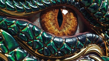 Mesmerizing dragon eye close-up. Intricate emerald scales surround fiery amber iris. Mythical creature's gaze. Fantasy art concept. Detailed reptilian texture. Magical and mysterious - Powered by Adobe