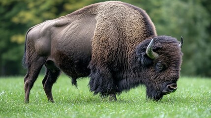 Fototapeta premium A powerful and majestic bison stands in a vibrant, lush green field, embodying strength and grace against the serene backdrop of nature, showcasing wildlife beauty.
