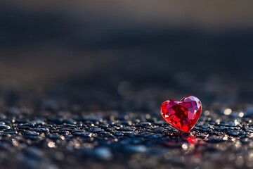 Fototapeta premium Red Crystal Heart Romantic Love Symbol on Dark Asphalt Background Beautiful Precious Gemstone Shiny Facets Valentines Day Theme Elegant Luxury Passionate Sentimental 