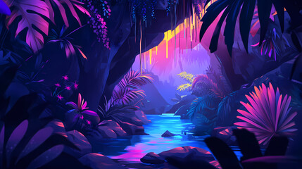 Fototapeta premium A tranquil cave glows with ethereal light from glowing plants, tropical, ethereal. Ethereal Cave. Illustration