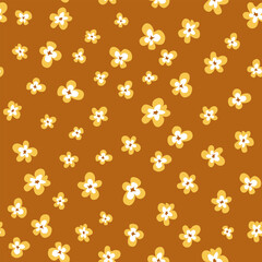 Popcorn seamless pattern with corn flakes in a rows. Cartoon style repeated background. Floral pattern with yellow, lemon and caramel colors. Swatch included.