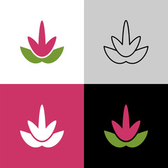 Amaranth flower vector logo. Elegant minimalistic symbol icon of violet Amaranthus flower with green leaves. Plain colors and outline illustration style. Adjustable stroke width.