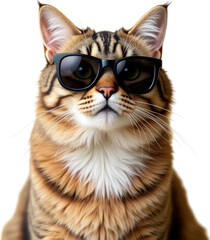 Fototapeta premium Adult tabby cat wearing sunglasses isolated on transparent background