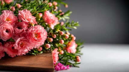Soft light illuminates delicate pink roses artfully arranged on wood. AI Generated