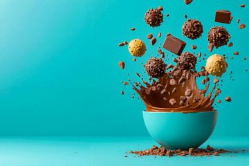 A blue bowl filled with chocolate and chocolate splashing out of it