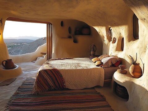 Cozy SuperAdobe bedroom with a low bed earthy bedding woven rugs and pottery decor Soft lighting from recessed fixtures highlights the room's organic curved walls