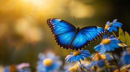 Close-up of a vibrant cobalt blue butterfly perched on a green leaf in a natural habitat, showcasing intricate wing patterns and vivid colors
