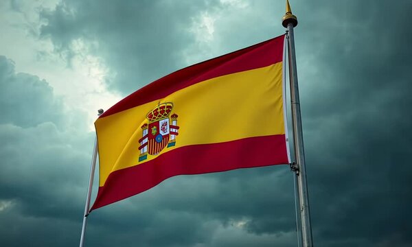 Spain flag HD video. Spain flag on flagpole waving footage