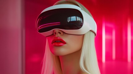 Fototapeta premium A futuristic and stylish depiction of a woman wearing a sleek virtual reality headset surrounded by a striking red neon glow that creates a cybernetic ambiance.