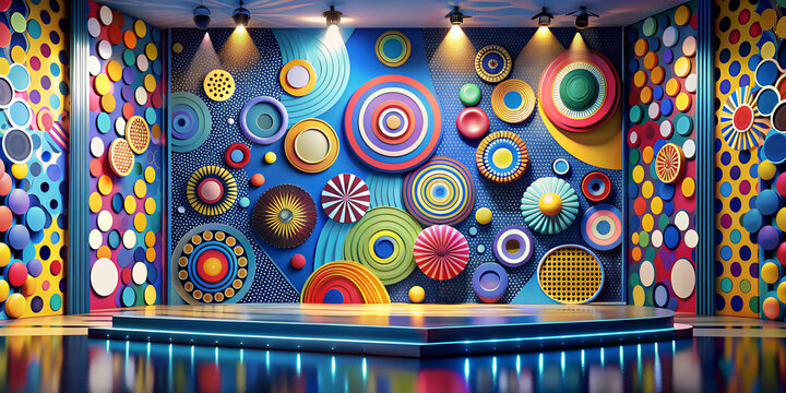 Vibrant circular patterns adorn a stage wallpaper in a modern artistic setting with colorful elements and dynamic visuals