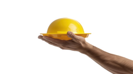 Hand holding yellow helmet on transparent background