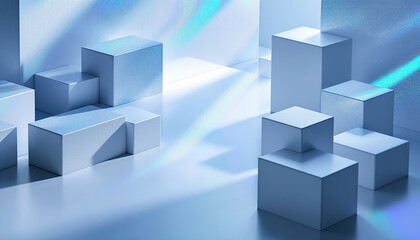 Abstract Blue Cubes Illuminated By Light Rays