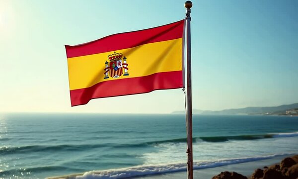Spain flag HD video. Spain flag on flagpole waving footage