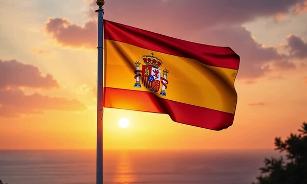 Spain flag HD video. Spain flag on flagpole waving footage