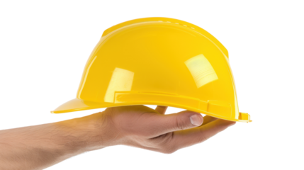 Hand holding yellow helmet on transparent background