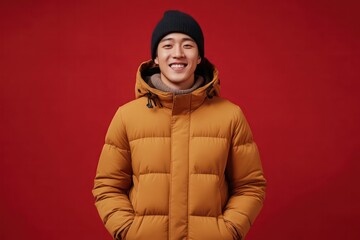 35 years old asian man standing and smiling, wearing winter casual ochre colour down coat and winter hat, red clean background