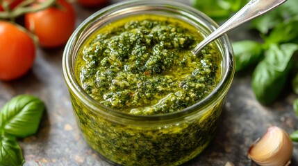 Fresh basil pesto with ripe tomatoes and spices on a dark background