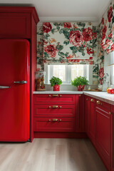 Vintage Red Kitchen with Floral Accents and Retro Refrigerator Design