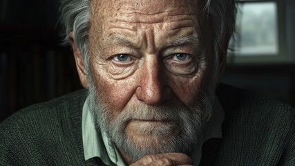 Elderly man with blue eyes and a thoughtful expression, close-up portrait.