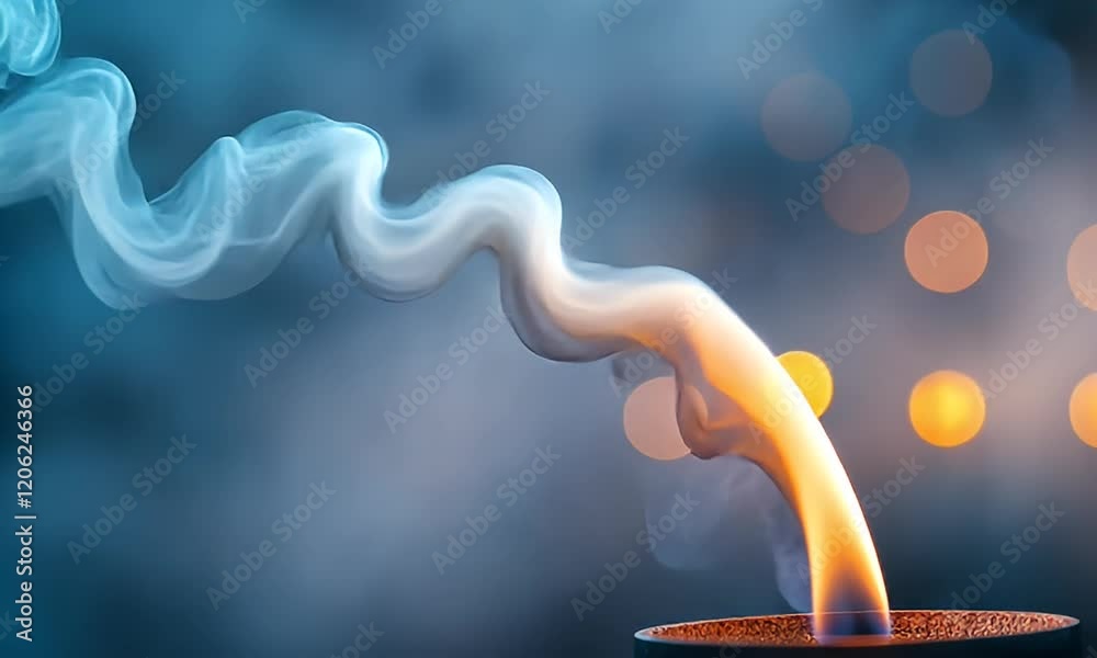 Wall mural a mesmerizing close-up of vibrant flames curling upward with smoke against a dreamy blue background 