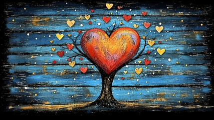 A Valentine graphic featuring a hand-drawn heart tree surrounded by lovebirds, styled in a whimsical folk art aesthetic with vibrant and intricate details, symbolizing romance,