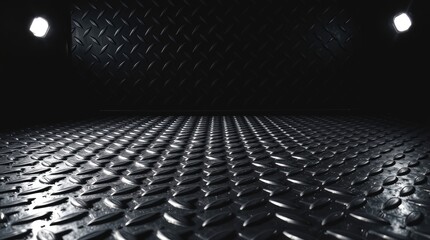 Obraz premium seamless metal floor plate with a diamond pattern on a black metal background, featuring contrasting chiaroscuro lighting, deep shadows