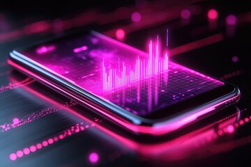 Futuristic Smartphone Interface with Neon Graphs and Data Visualization