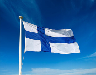 Simple Finnish flag, white with a blue cross, waving elegantly in a soft blue sky.