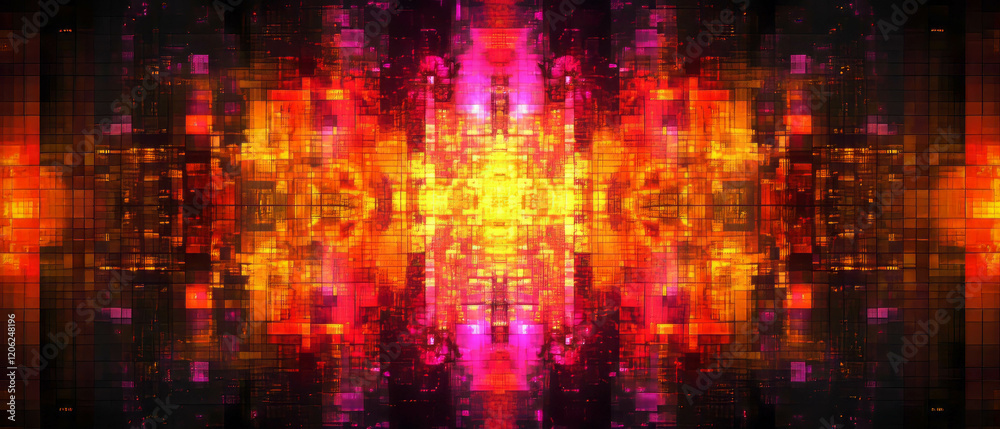Poster vivid pixelated patterns create an abstract digital background with vibrant colors and textures