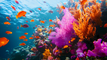 Fototapeta premium Tropical background with a vibrant coral reef and colorful fish swimming: dynamic and lively, perfect for an underwater tropical scene. Vibrant Reef. Illustration