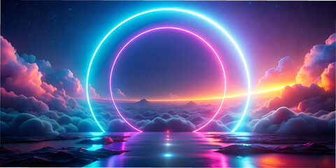Vibrant neon circles enhance surreal landscape with geometric shapes reflecting on calm water at dusk