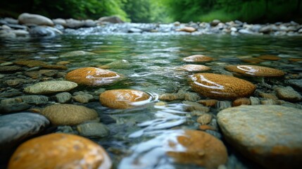 Fototapeta premium Clear river water revealing colorful pebbles and a serene natural landscape near a forest