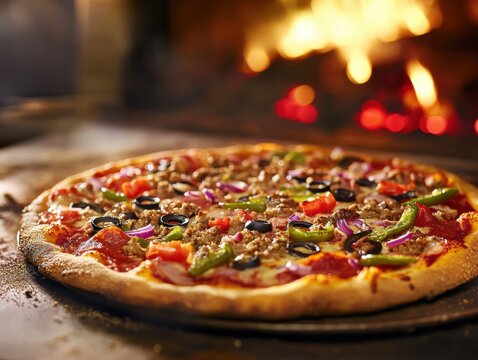 A gluten-free pizza being served hot out of the oven, featuring a variety of fresh toppings, showcasing gluten-free dining options
