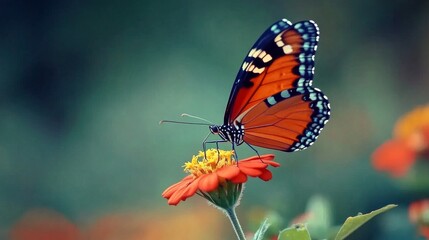 Naklejka premium Close-up of a beautiful butterfly resting on a vibrant flower in a lush summer garden with soft natural light