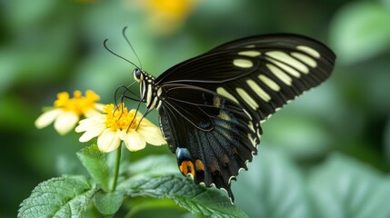 Obraz premium Close-up of a beautiful butterfly resting on a vibrant flower in a lush summer garden with soft natural light