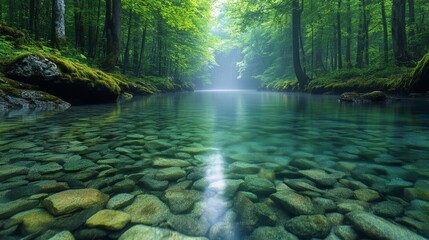 Obraz premium Sunlight reflects on the water near a stone in a tranquil forest stream during late afternoon