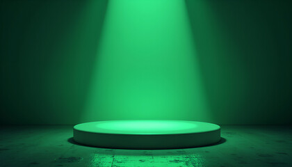 Minimalist round pedestal illuminated by green light on a dark background
